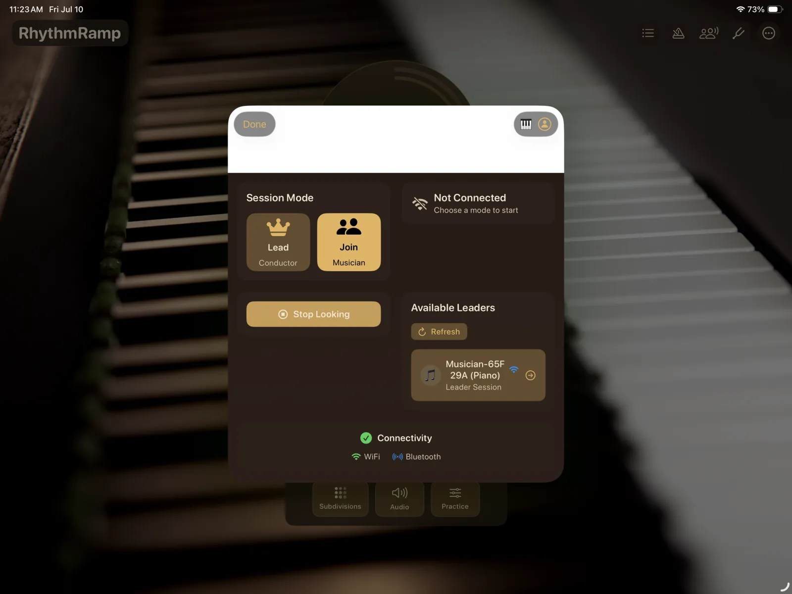 RhythmRamp Band Sync with a leader session and connectivity over Wi-Fi and Bluetooth
