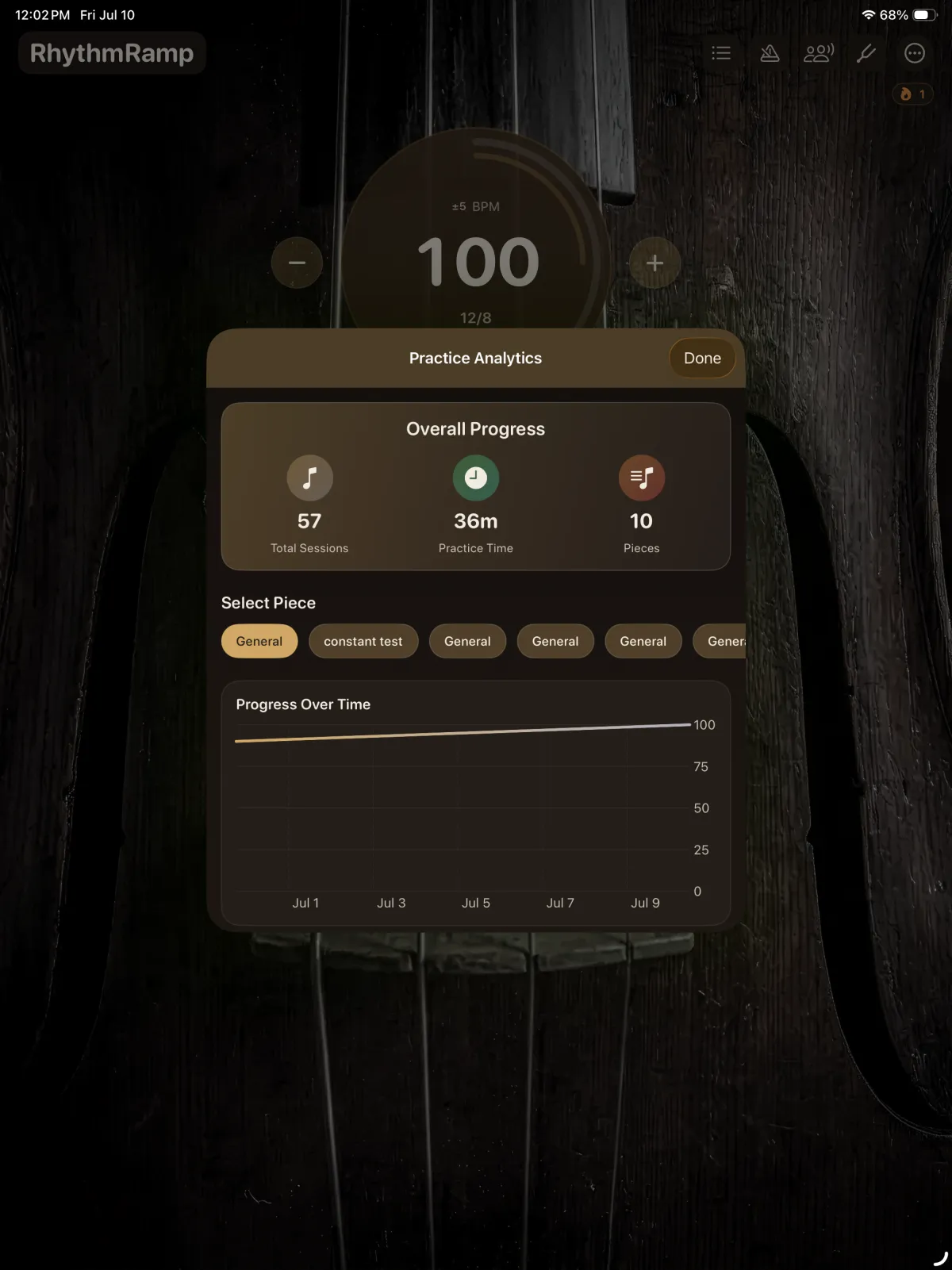 RhythmRamp metronome with practice analytics over a cello background