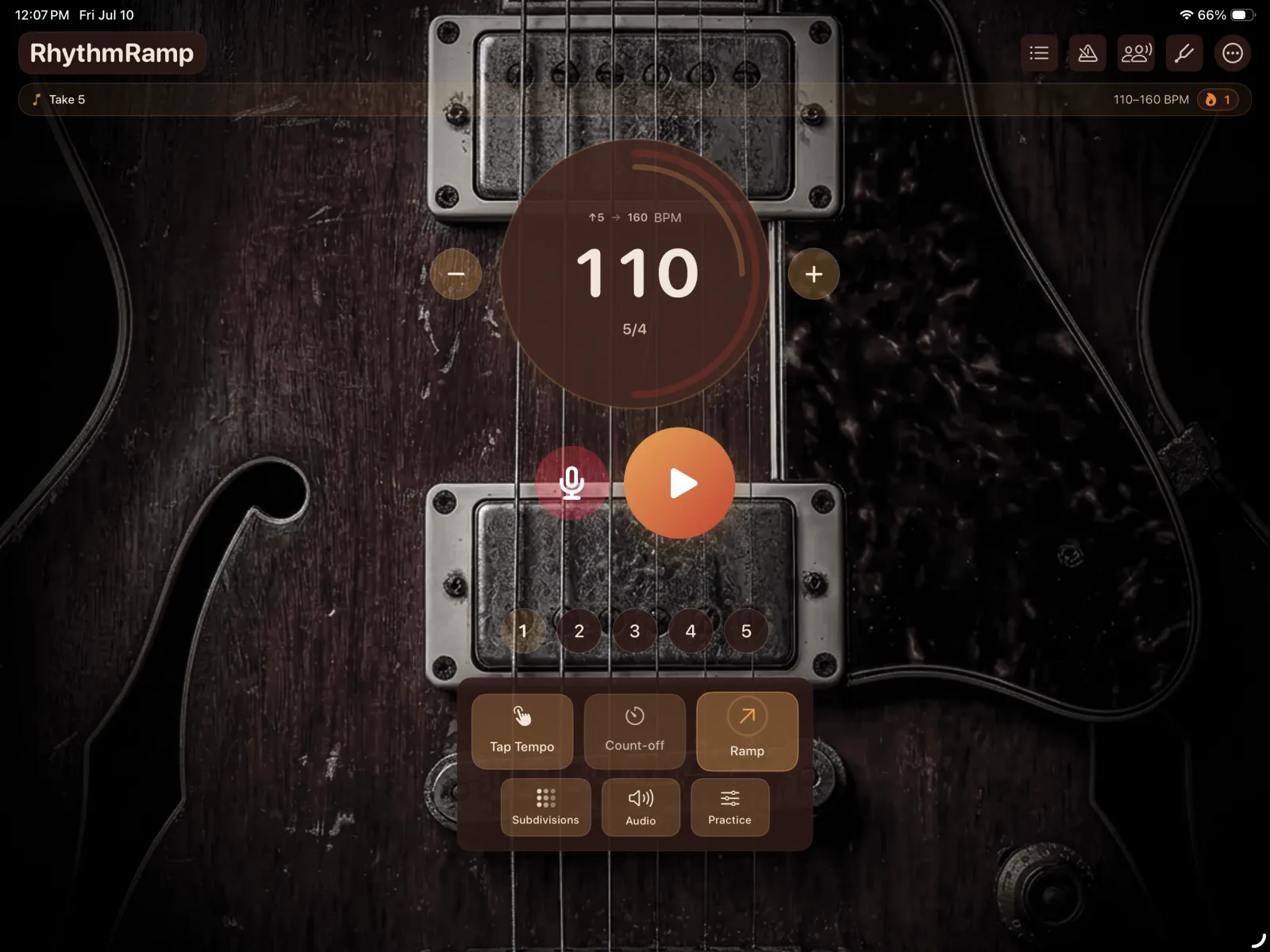 RhythmRamp metronome at 110 BPM in 5/4 over a guitar background