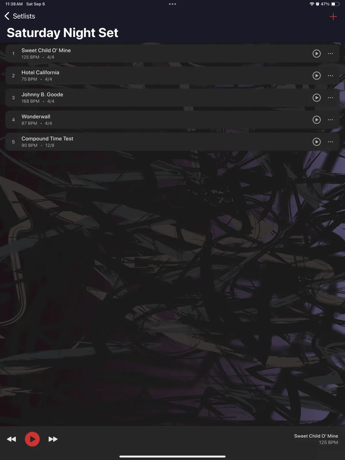 RhythmRamp setlist with per-song tempo