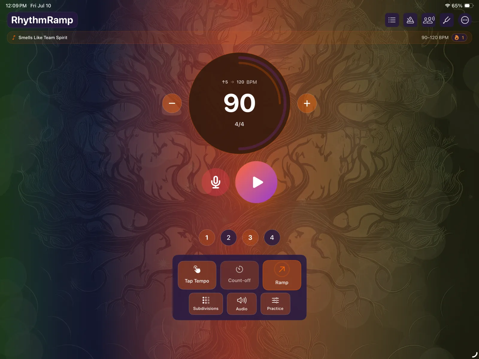 RhythmRamp with a vibrant theme background at 90 BPM